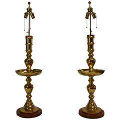 Pair of Vintage Moroccan Brass Candlestick Lamps 12