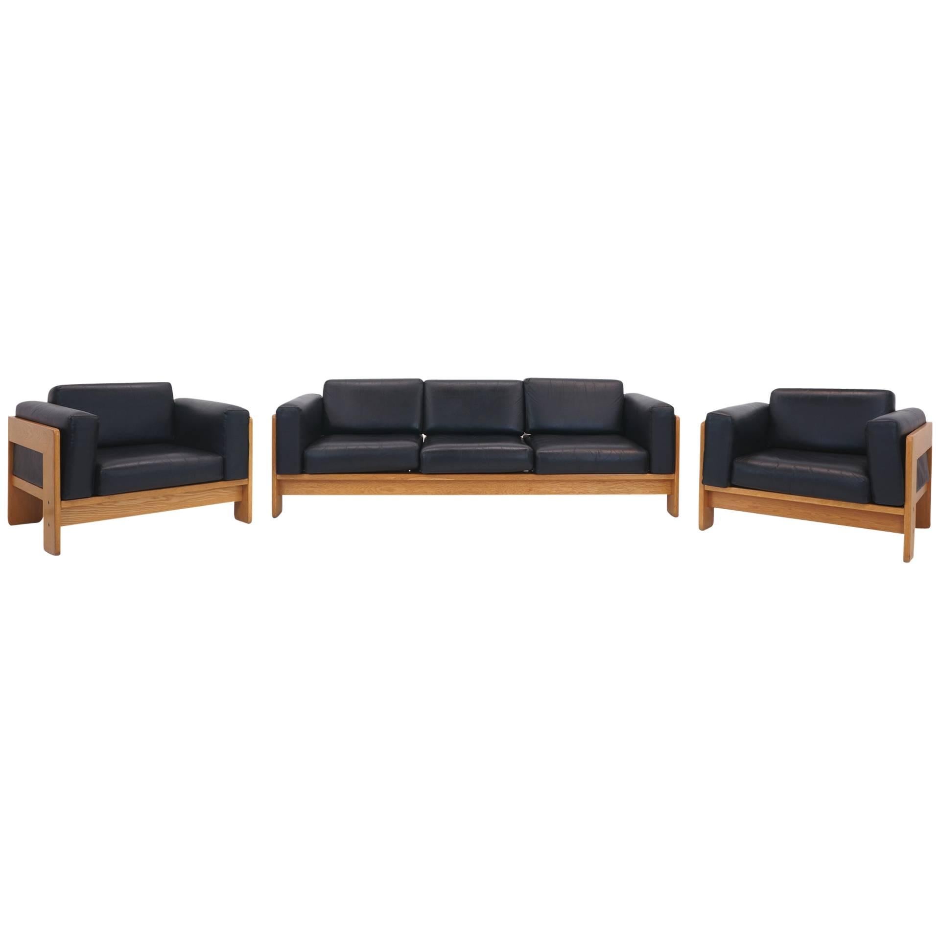 Tobia Scarpa Bastiano Walnut and Black Leather Sofa and Chairs for Gavina