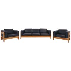 Tobia Scarpa Bastiano Walnut and Black Leather Sofa and Chairs for Gavina