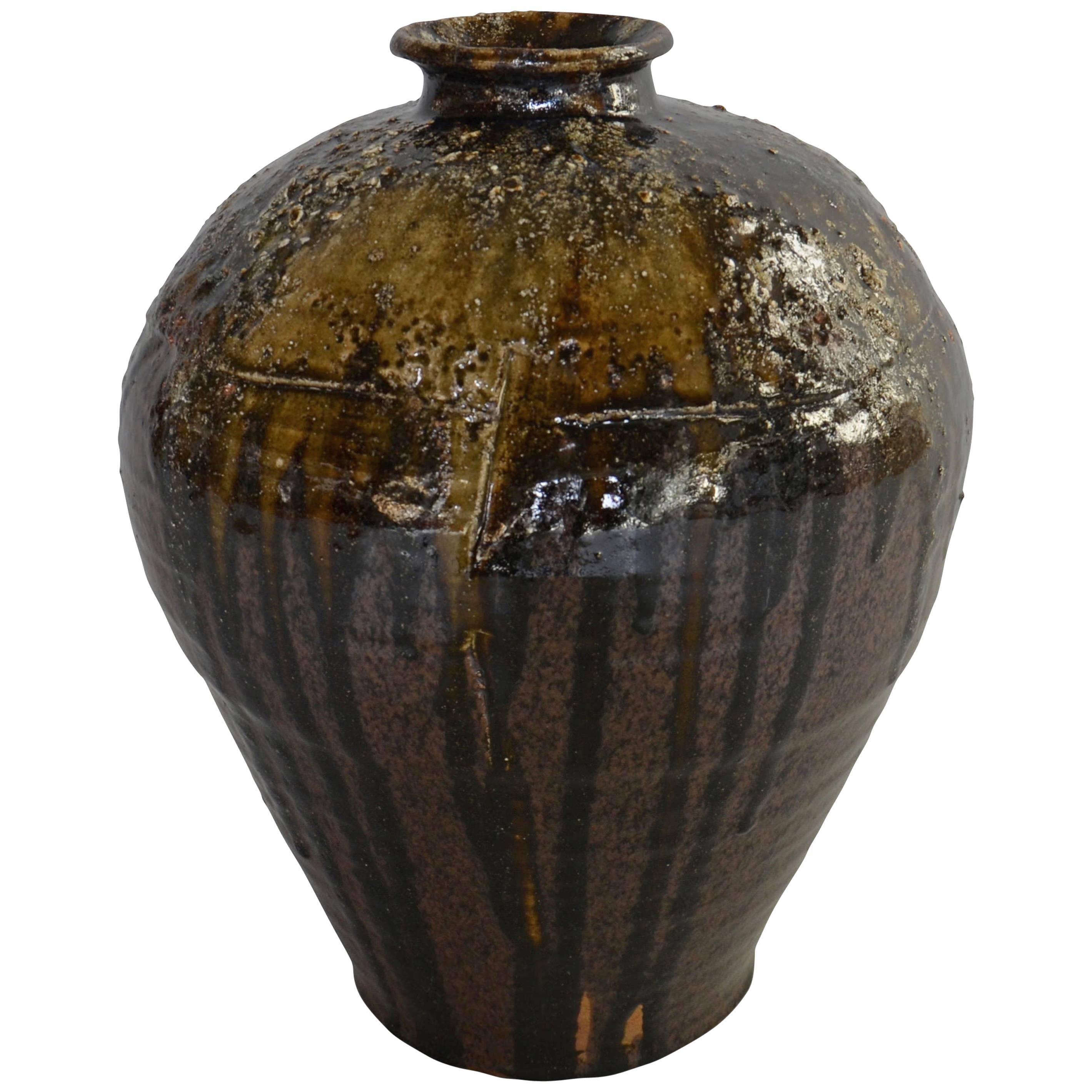 Floor Vase with Brown Glaze Mixed with Seaweed For Sale