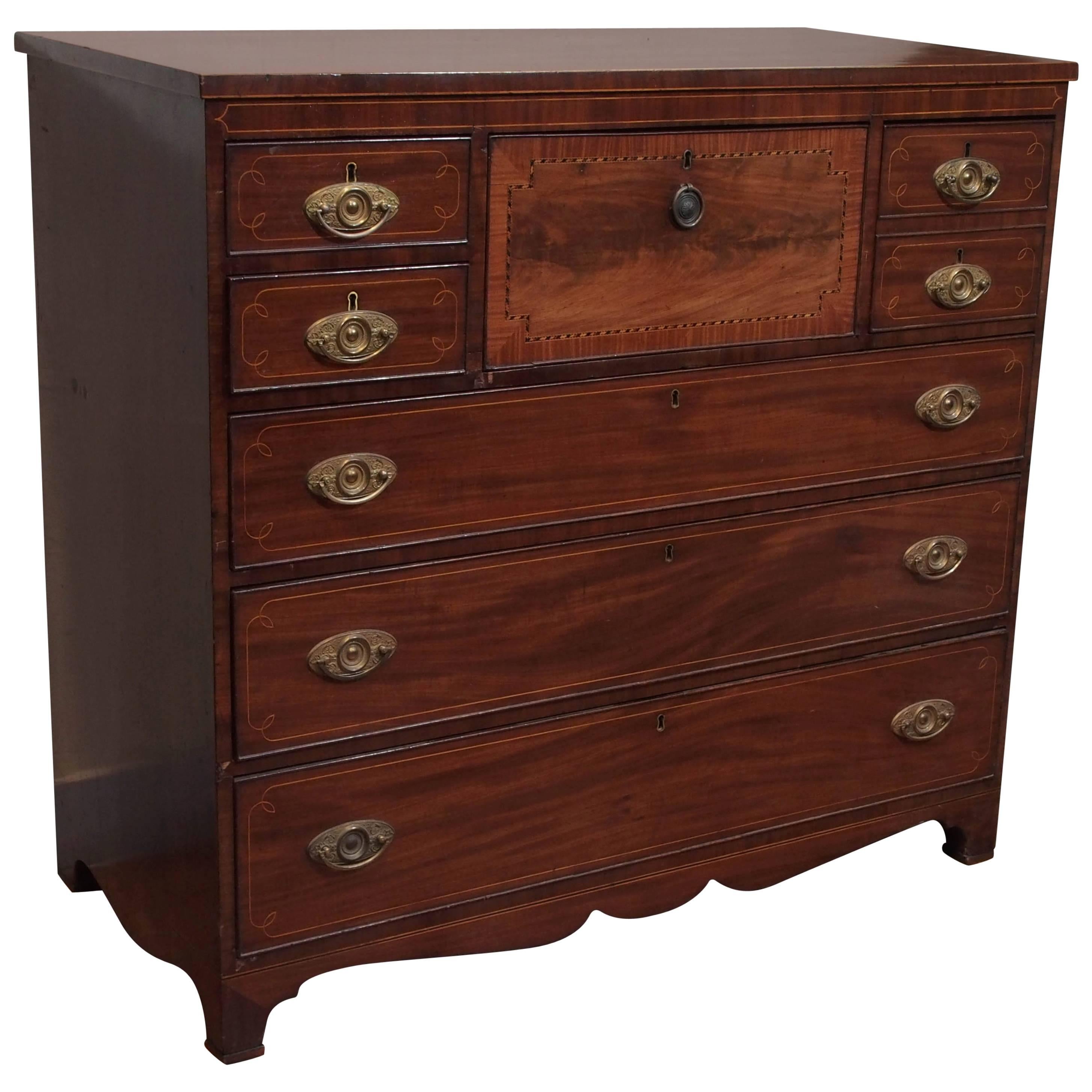 English Sheraton Style Mahogany and Satinwood Commode or Bureau, circa 1810