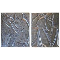 Pair Deco Style Silver Gilt Plaster Relief Wall Panels