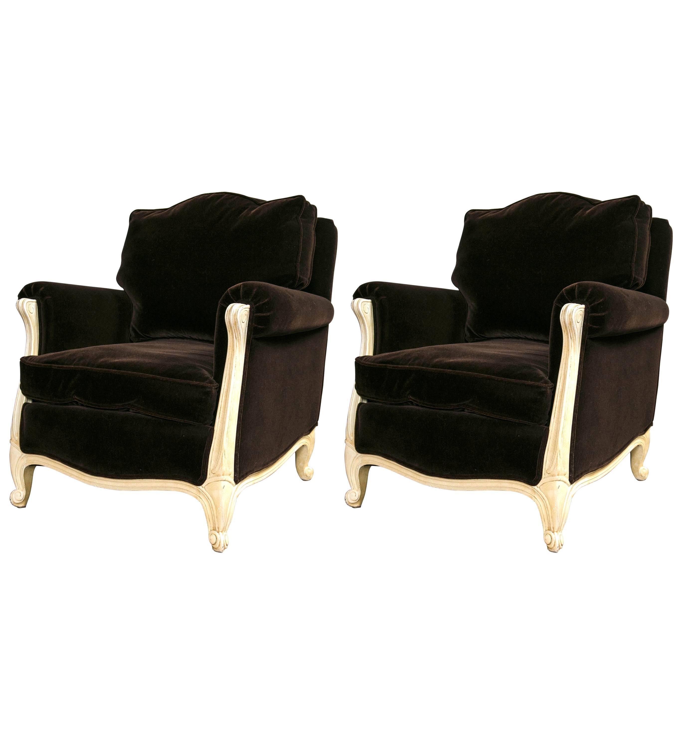 ON SALE NOW! SALE! Pair of  Gorgeous Chocolate Mohair Down Chairs Louis XV Style