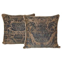 Antique Two Similar Rare Damask Fortuny Fabric Cushions