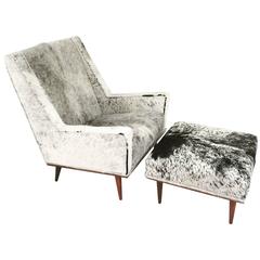 Milo Baughman Style Chair and Ottoman in Brazilian Cowhide