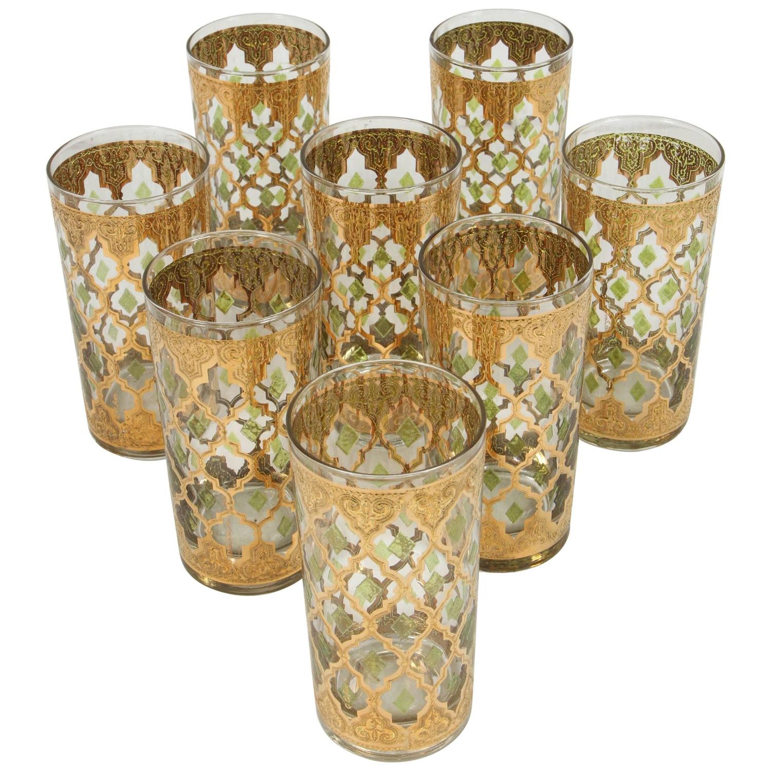 Vintage Set of Eight Culver Highball Glasses with 22 Karat Gold Design ...