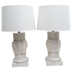 Pair of White Fluted Terra Cotta Deco Style Lamps, with Neoclassical Figures
