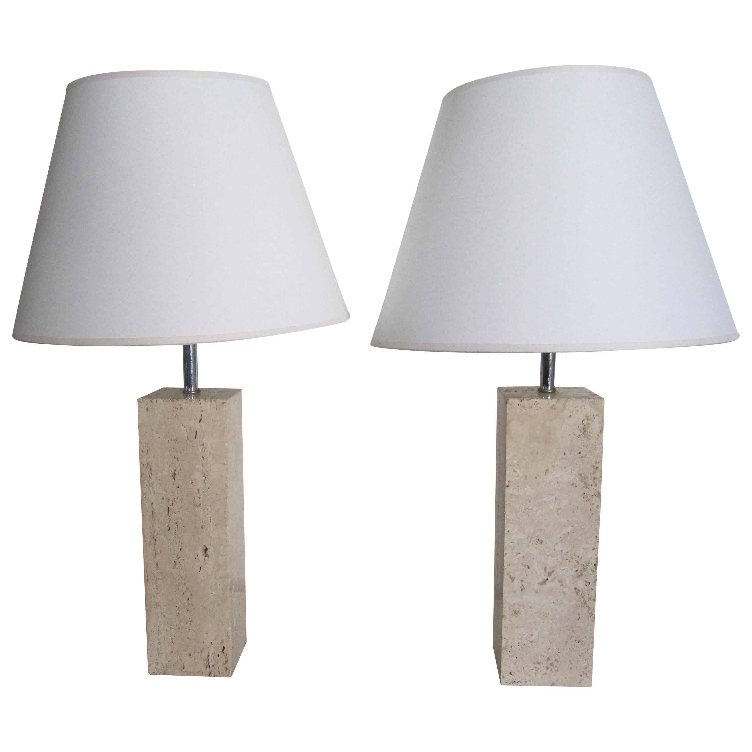 Pair Italian Modern Solid Travertine Marble Table Lamps, Italy 1970s