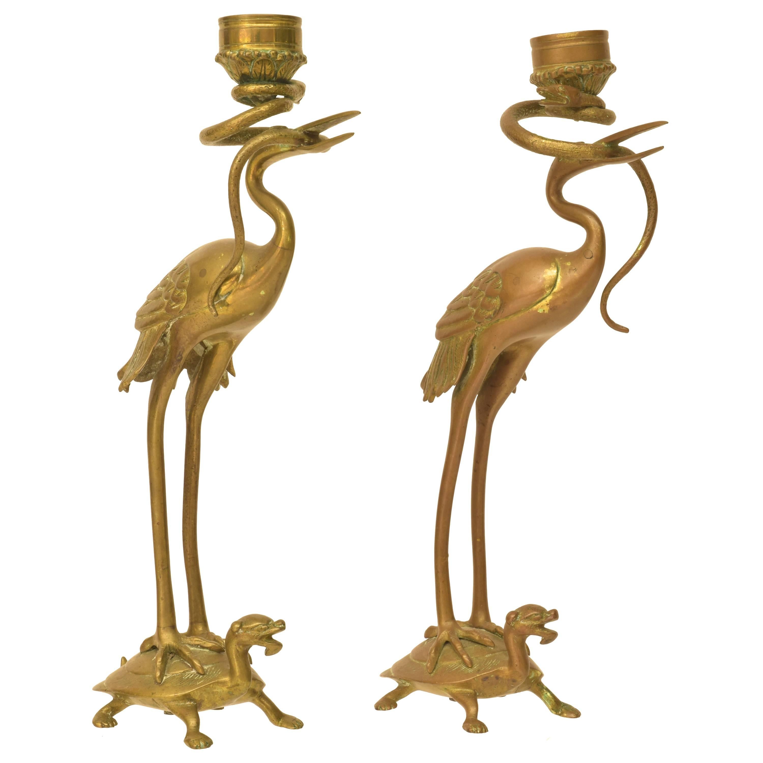 Pair of Crane and Tortoise Candlesticks