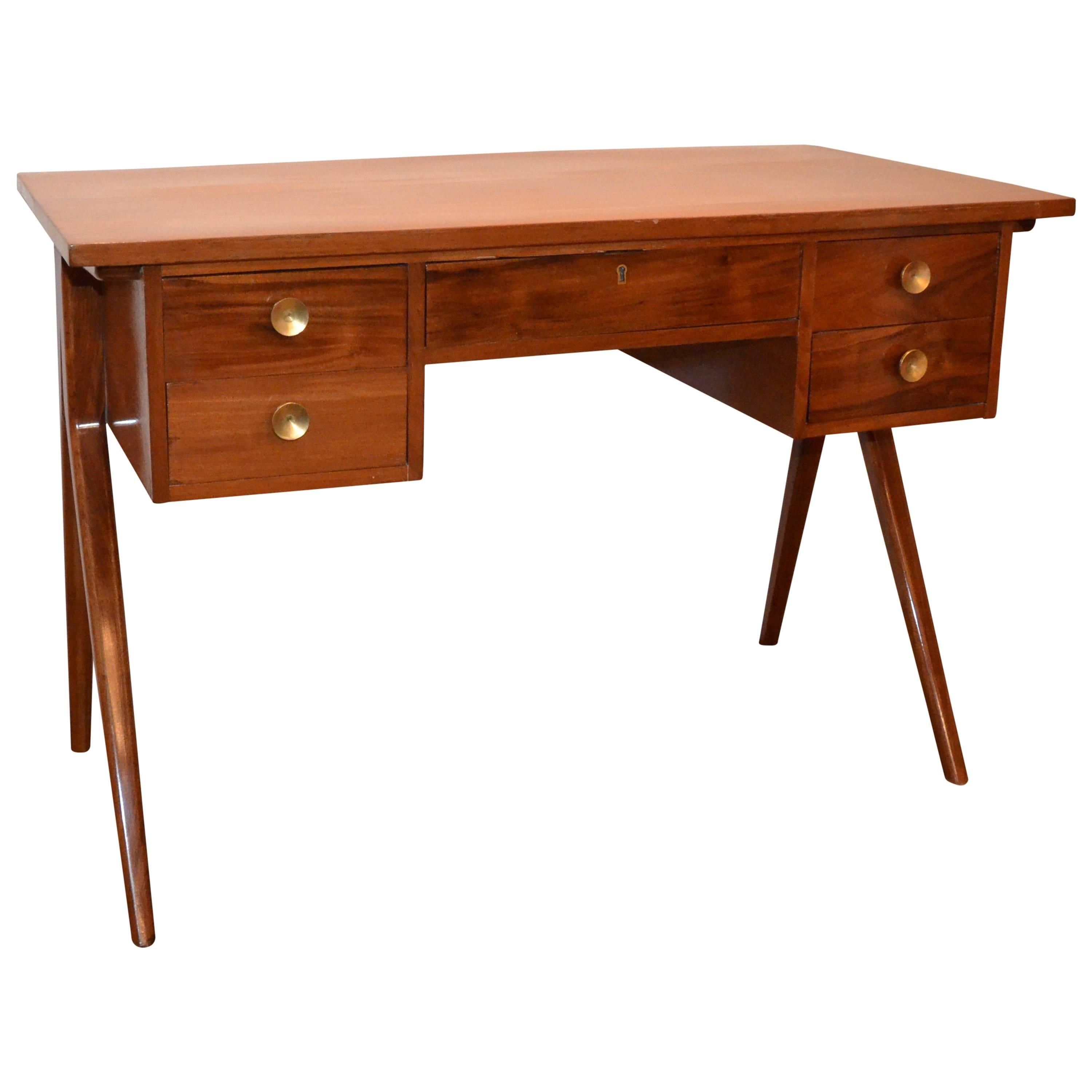 Mid-Century Modern Argentinian Writing Table or Desk with Brass Pulls