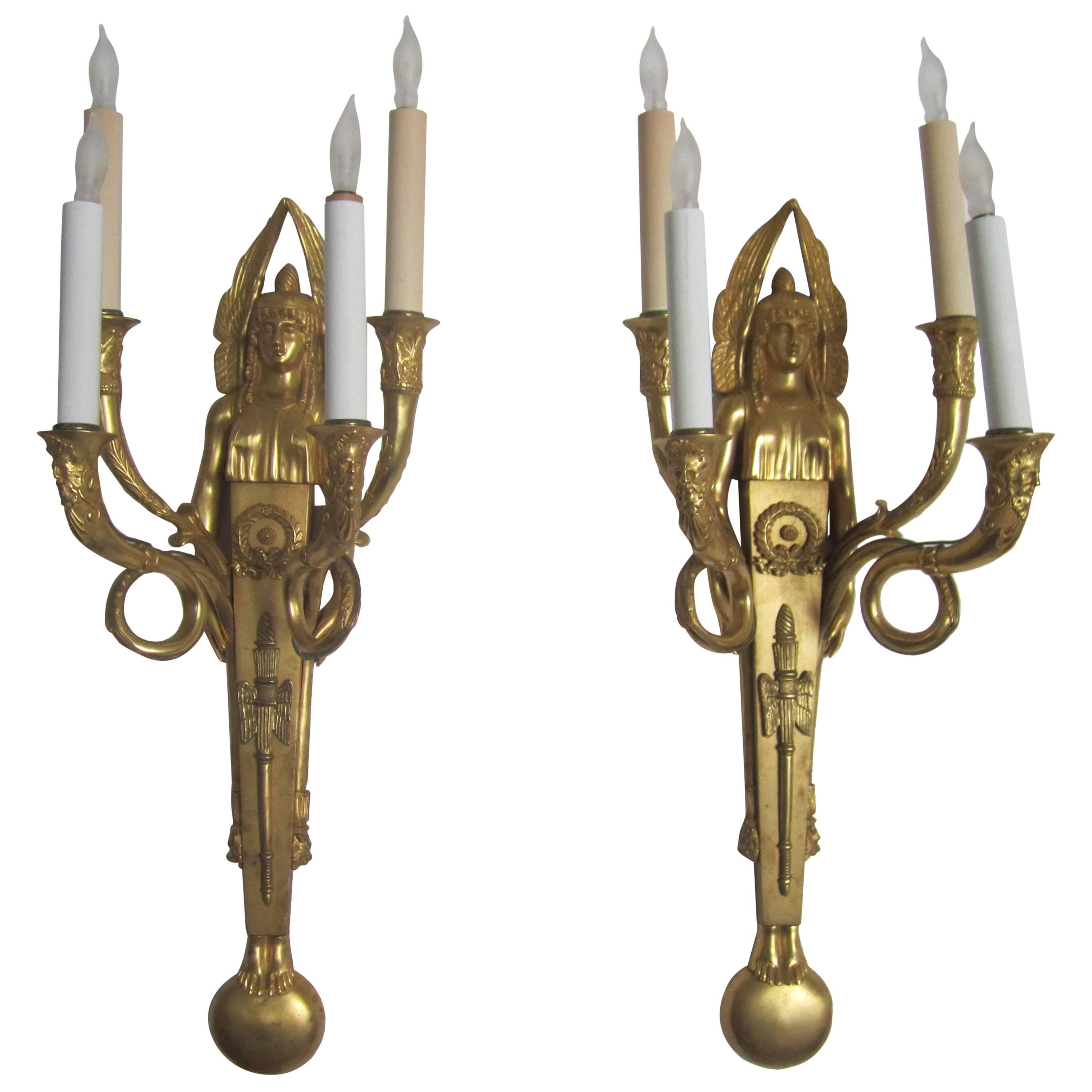  Pair Egyptian Revival Dore Bronze Wall Sconces