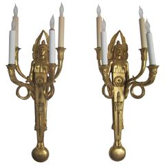  Pair Egyptian Revival Dore Bronze Wall Sconces