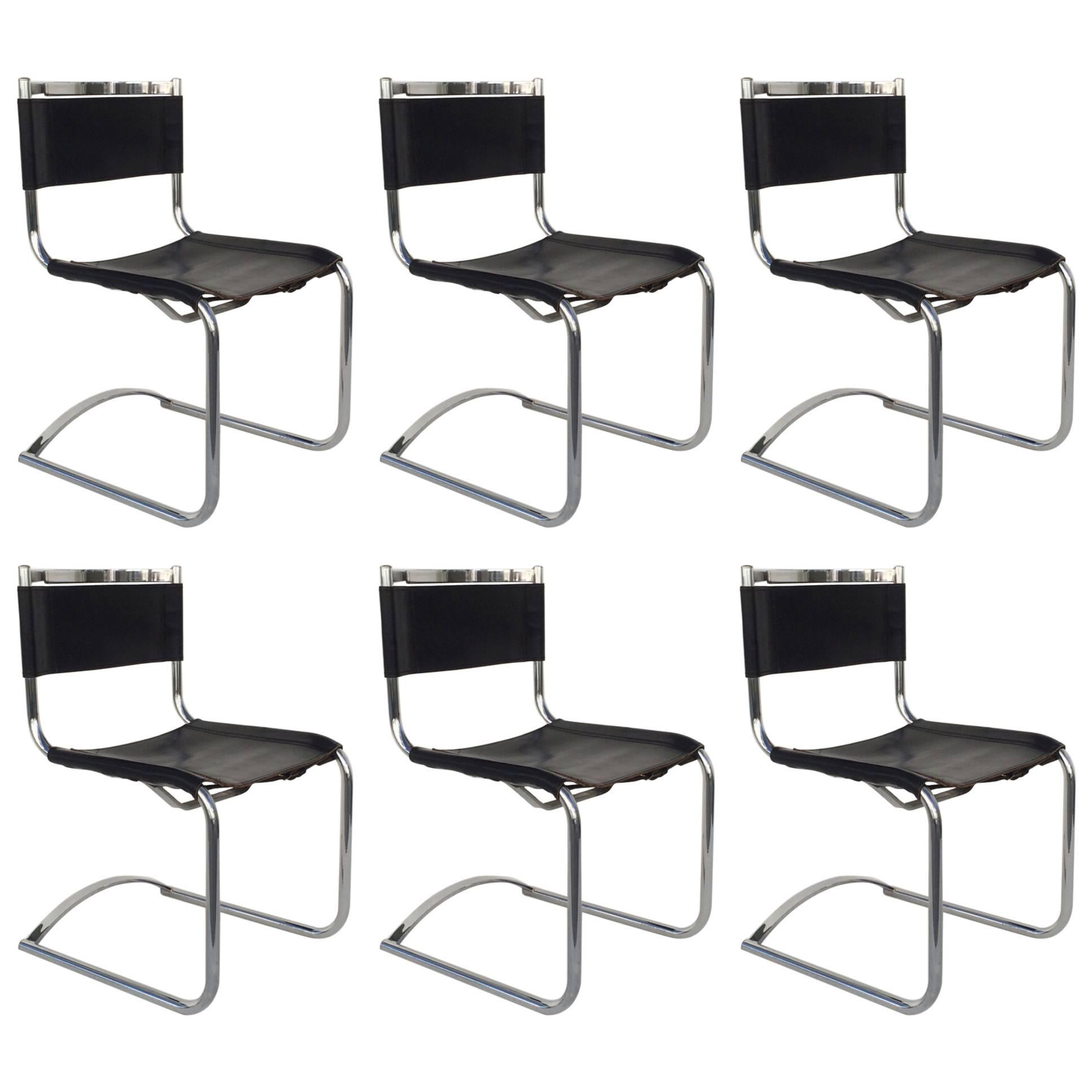 Set of Six Chrome and Saddle Leather Dinning Chairs by Cy Mann