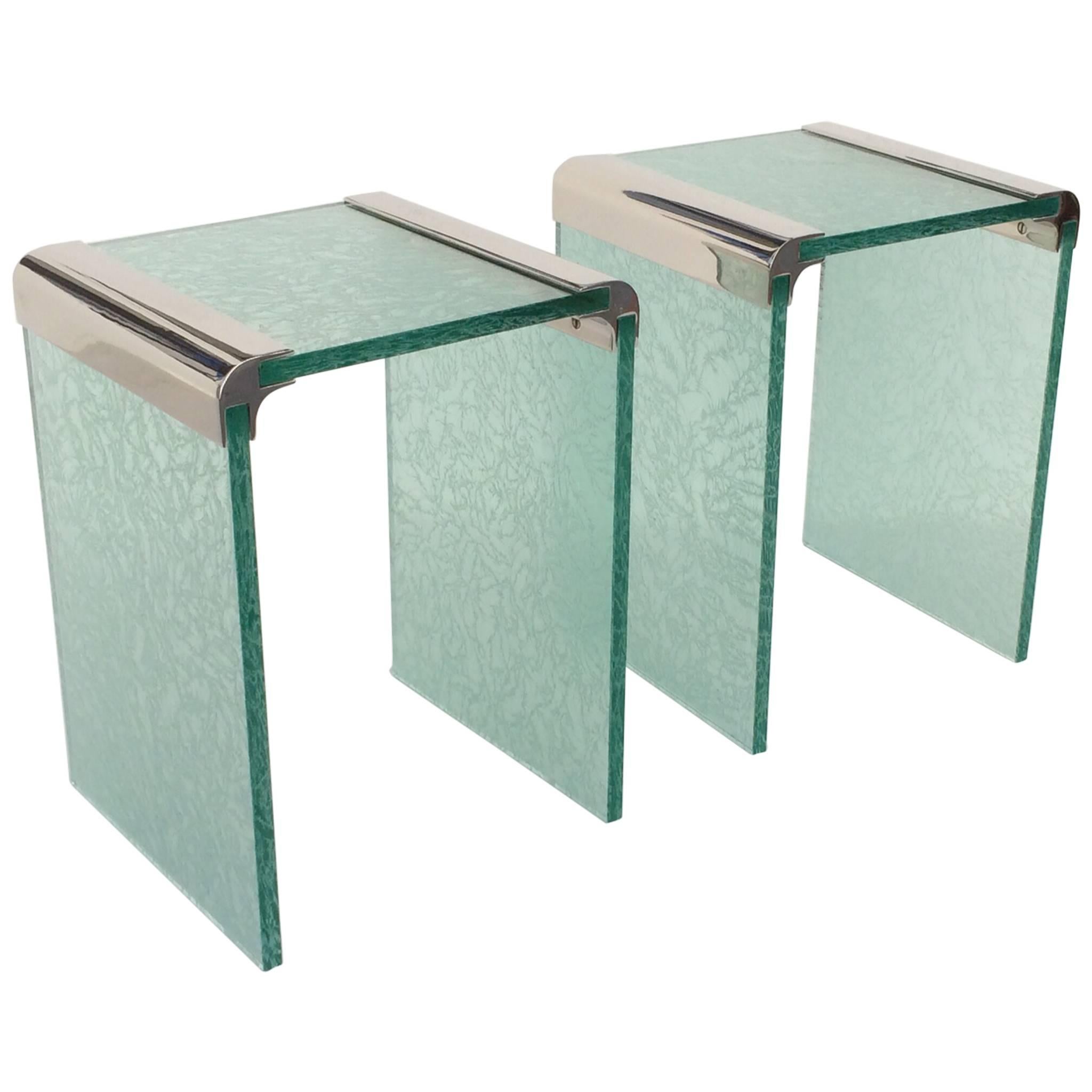 Pair of Etched Glass and Nickel Side Tables by Pace Collection