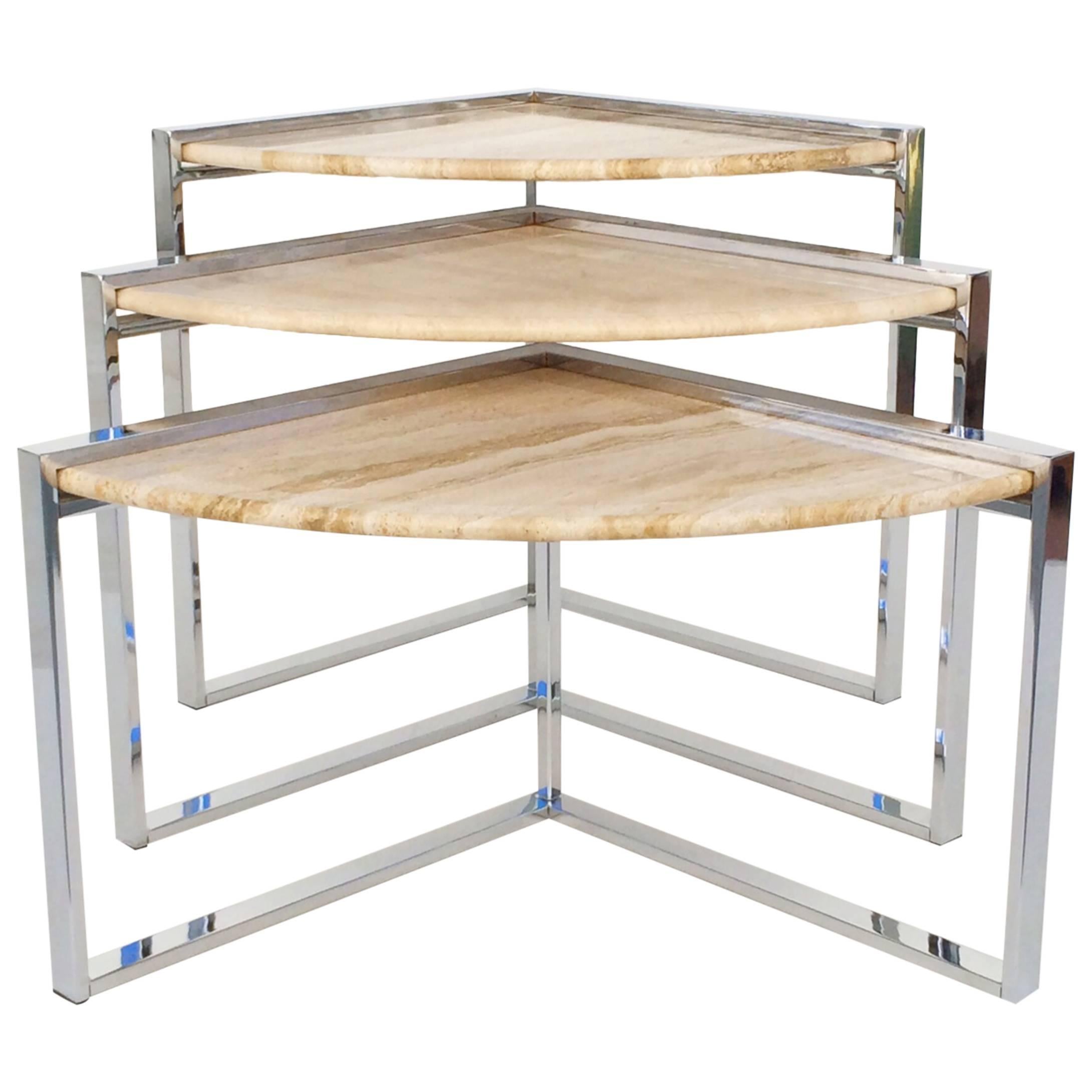  Travertine and Polished Chrome Nesting Tables Designed by Milo Baughman