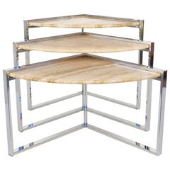  Travertine and Polished Chrome Nesting Tables Designed by Milo Baughman