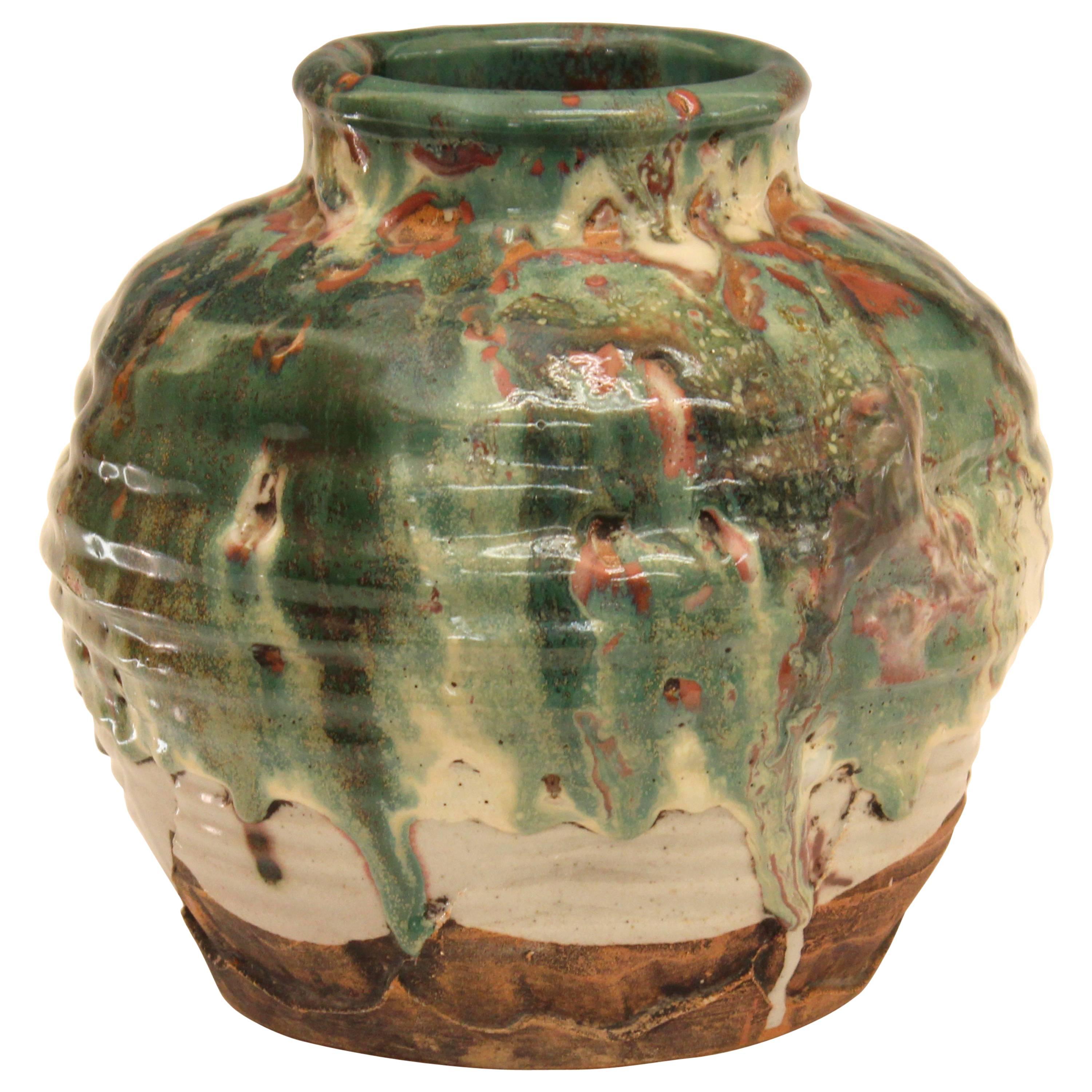Awaji Pottery Vase Manipulated Tea Ceremony Zen Japanese Volcanic Drip Glaze