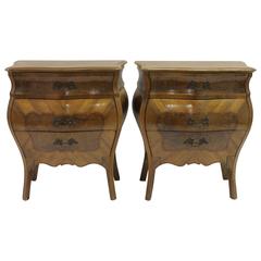 Antique Pair of 19th Century Italian Inlaid Marquetry Bombe Commodes