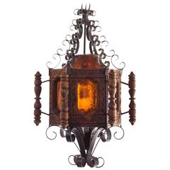Retro 1960s Spanish Revival or Mexican Pendent Light, Wrought Iron