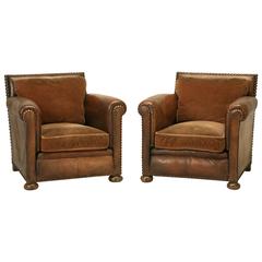 Antique French Leather Club Chairs, circa 1920