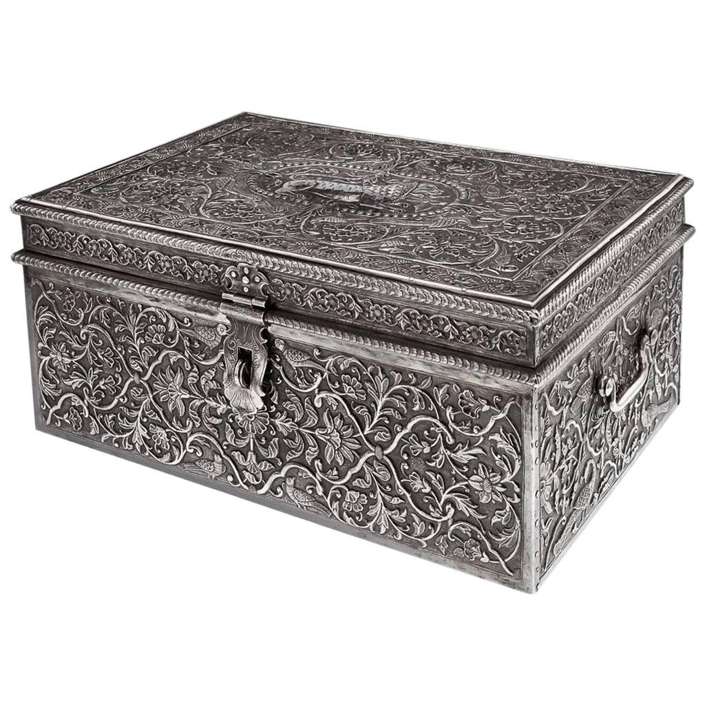 Antique Rare Indian Solid Silver Massive Treasure Chest or Casket, circa 1880