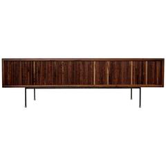 California Modern Long and Low Tambour Door Credenza with Iron Legs 