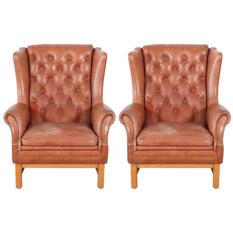 Chippendale Style Leather Tufted Wing Back Chairs With Nailhead Trim Cognac Leather Wing Back Chairs With Nailhead Trim Two Available Sold Individually