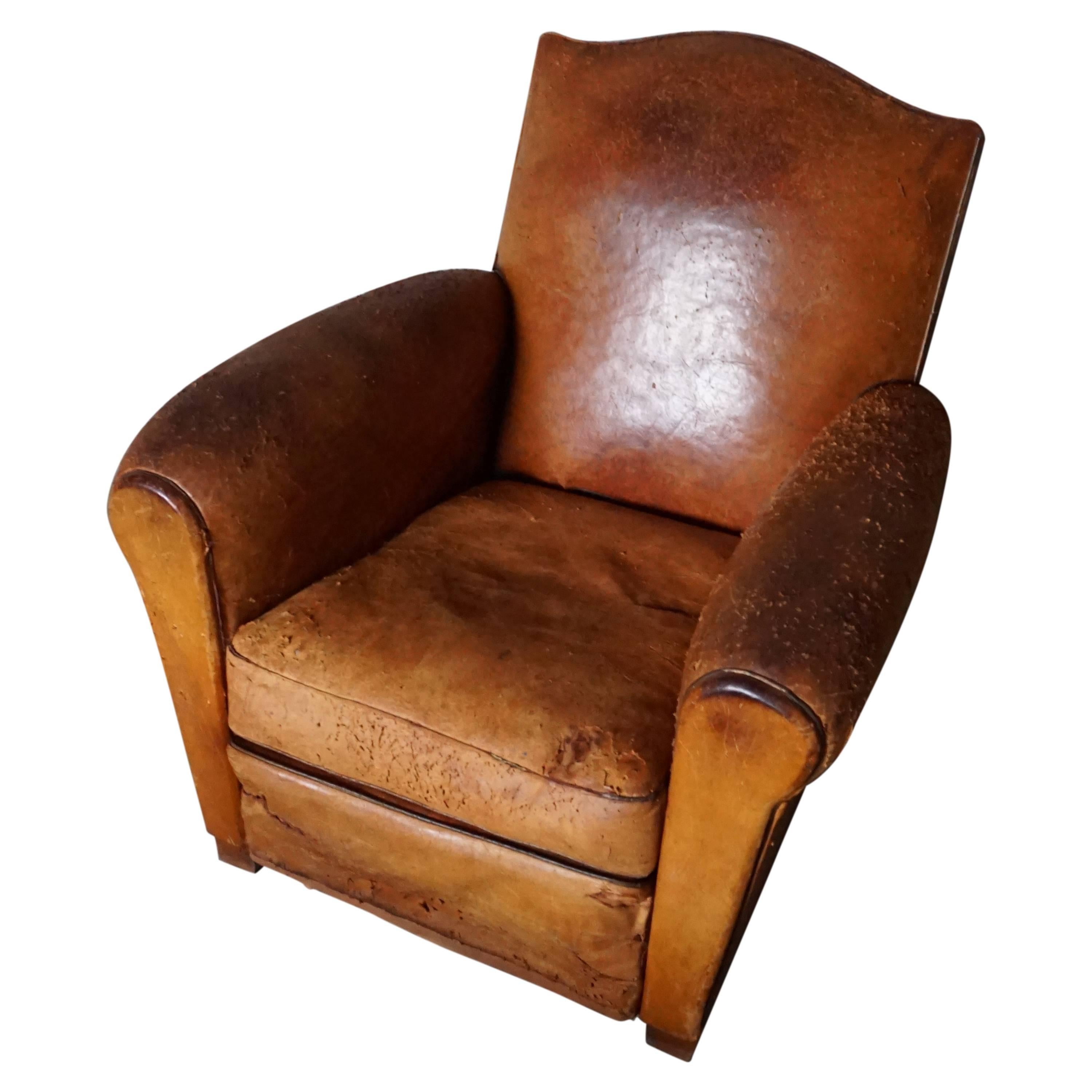 Vintage Distressed Cognac Leather French Club Chair 1930s