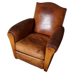Antique Distressed Cognac Leather French Club Chair 1930s