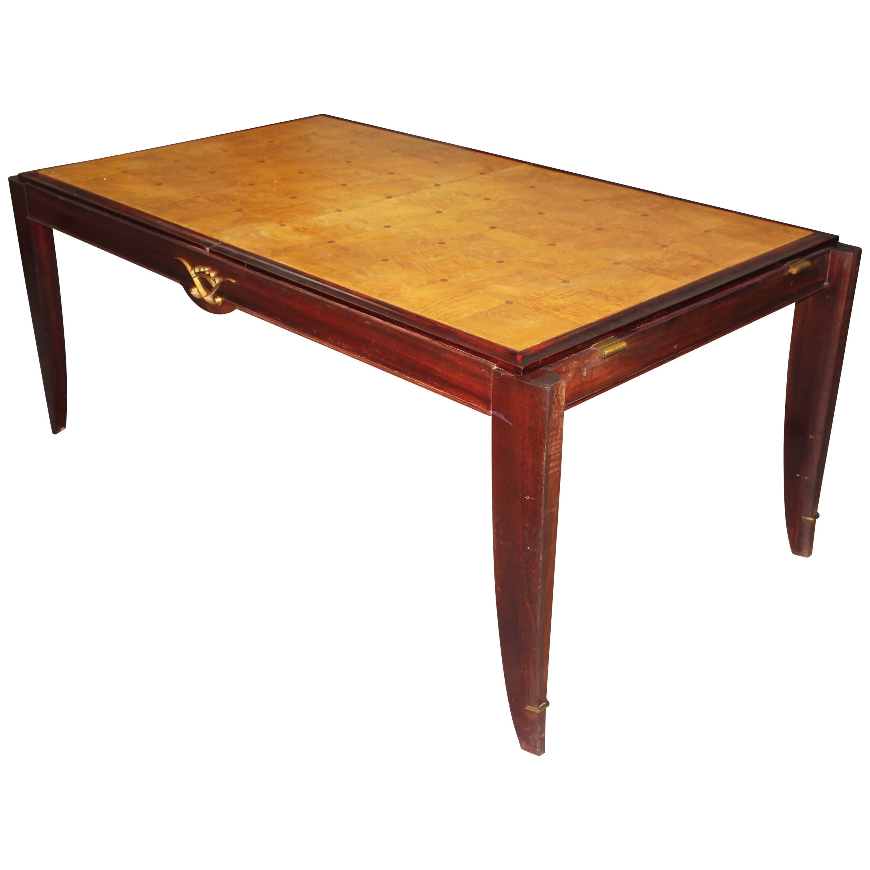 French Art Deco Sycamore with Mahogany Dining Table, circa 1940s