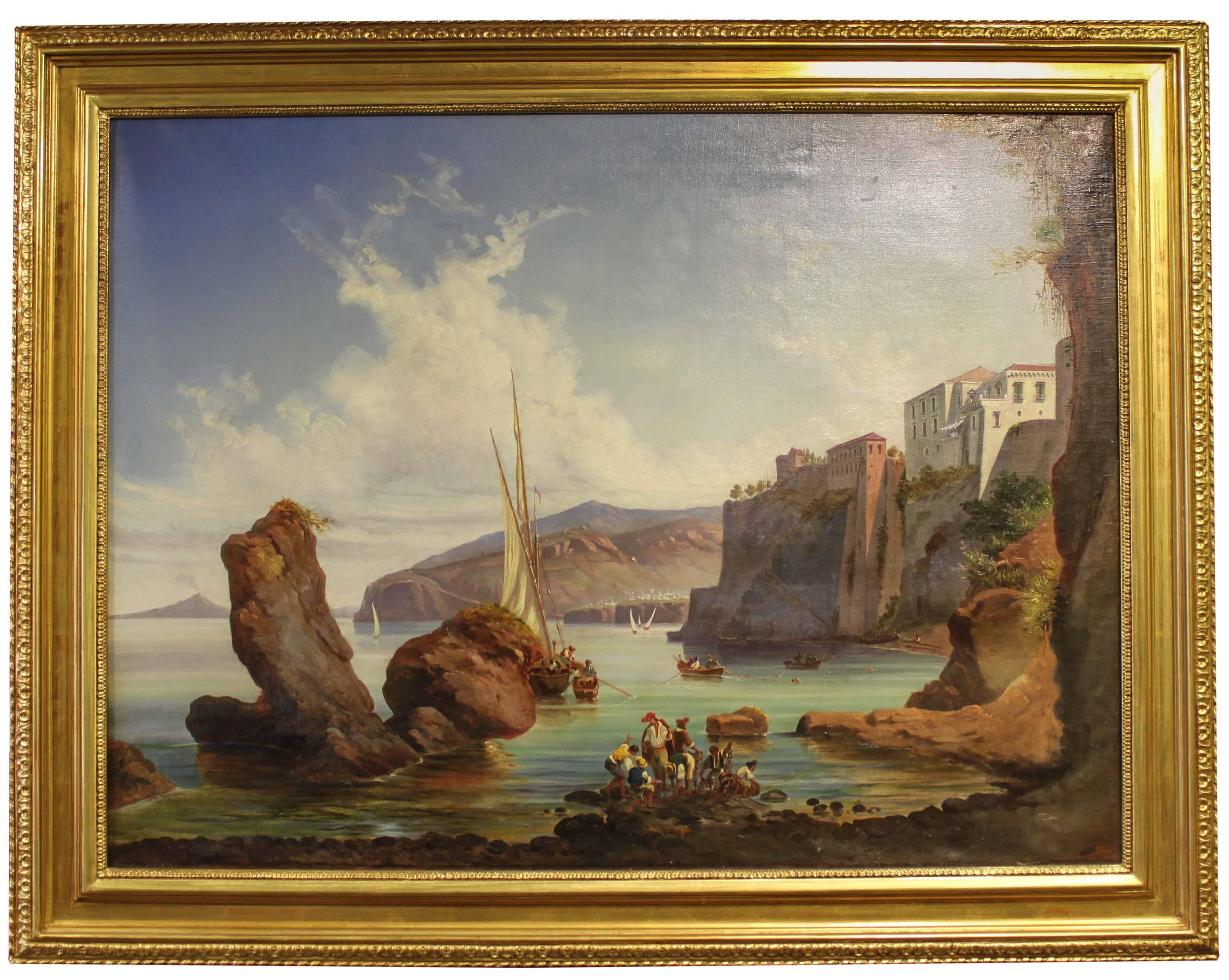 Unknown Figurative Painting – Fishing Boats in the Bay of Naples at Sorrento
