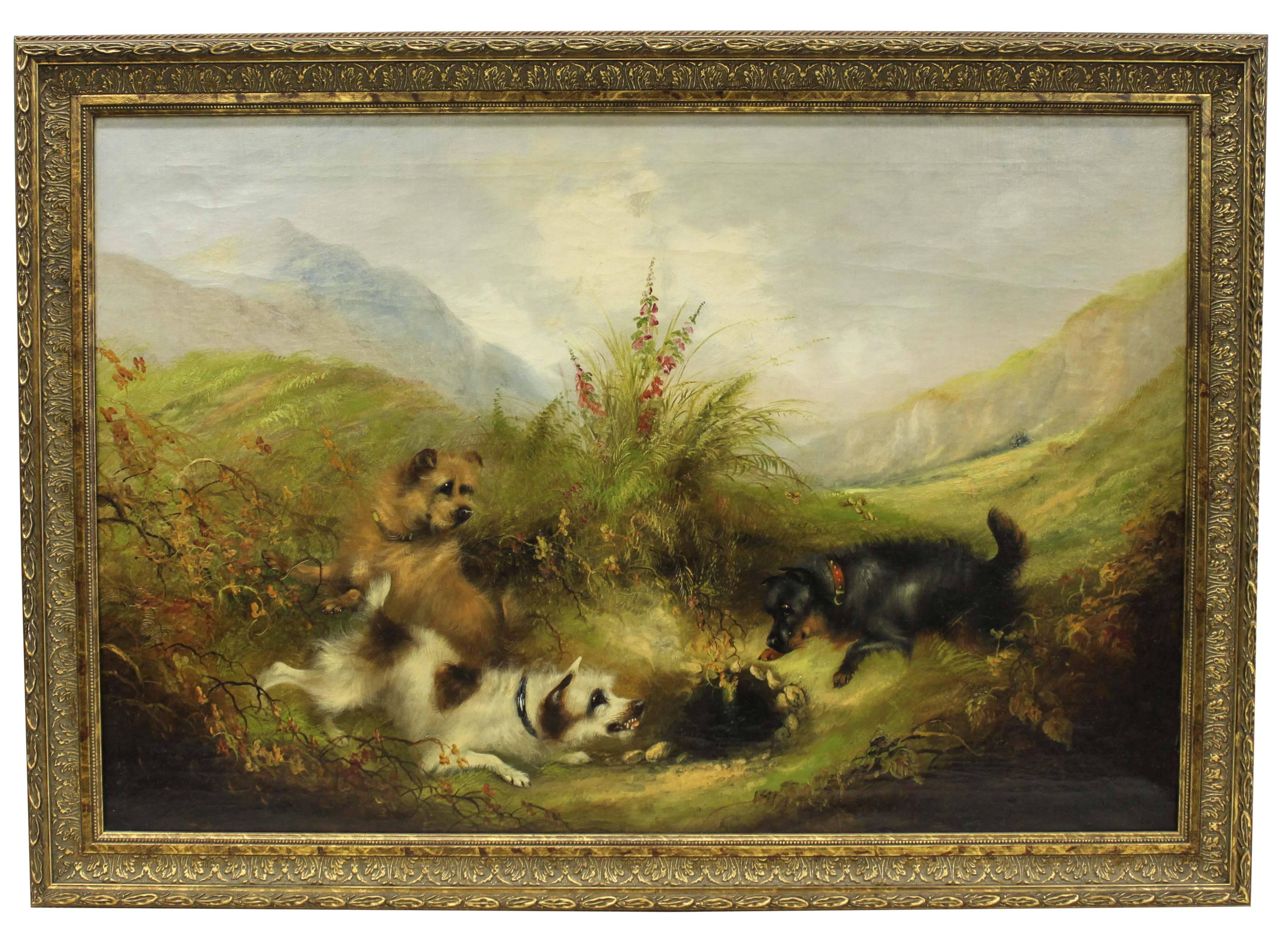 Frank W. Cassell Animal Painting - Terriers Rabbiting