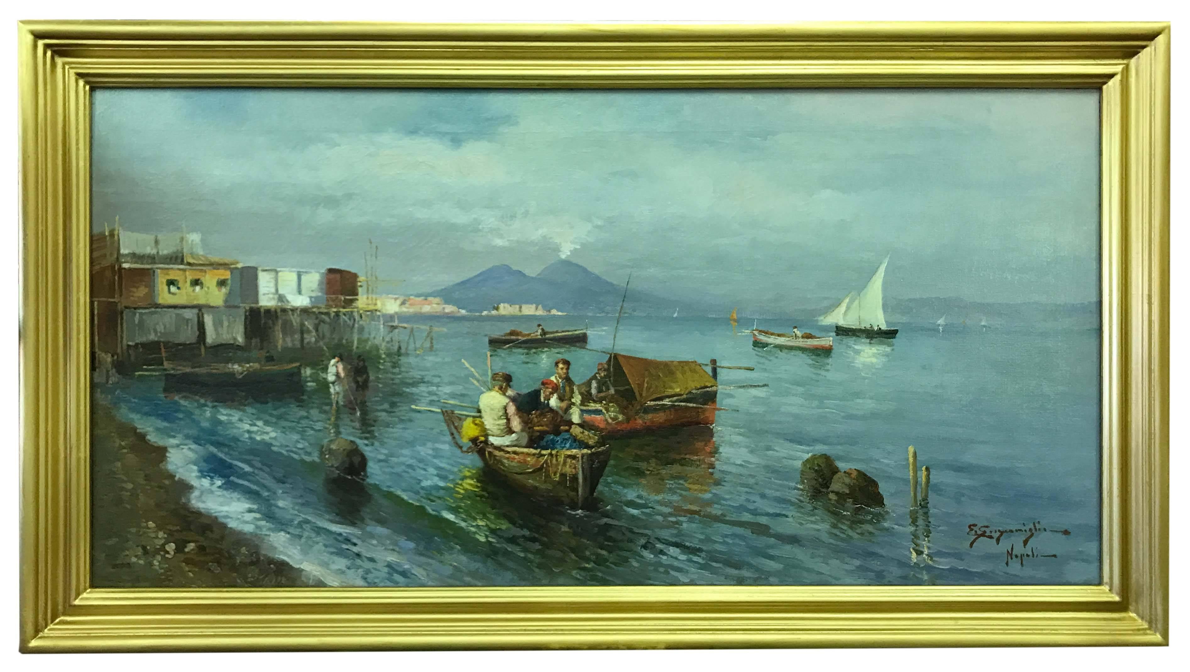Unknown Figurative Painting - Fishing Boats in the Bay of Naples, Signed Napoli