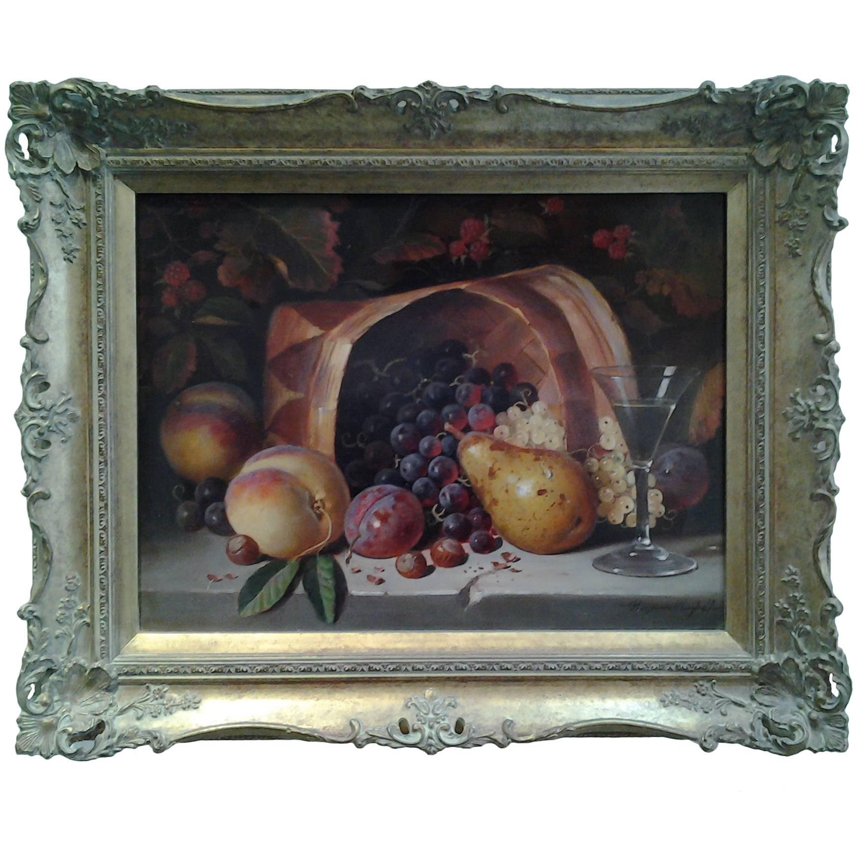 Raymond Campbell Still-Life Painting - The Fruit Hamper Still Life of Grapes Plums and Peaches with Glass of wine