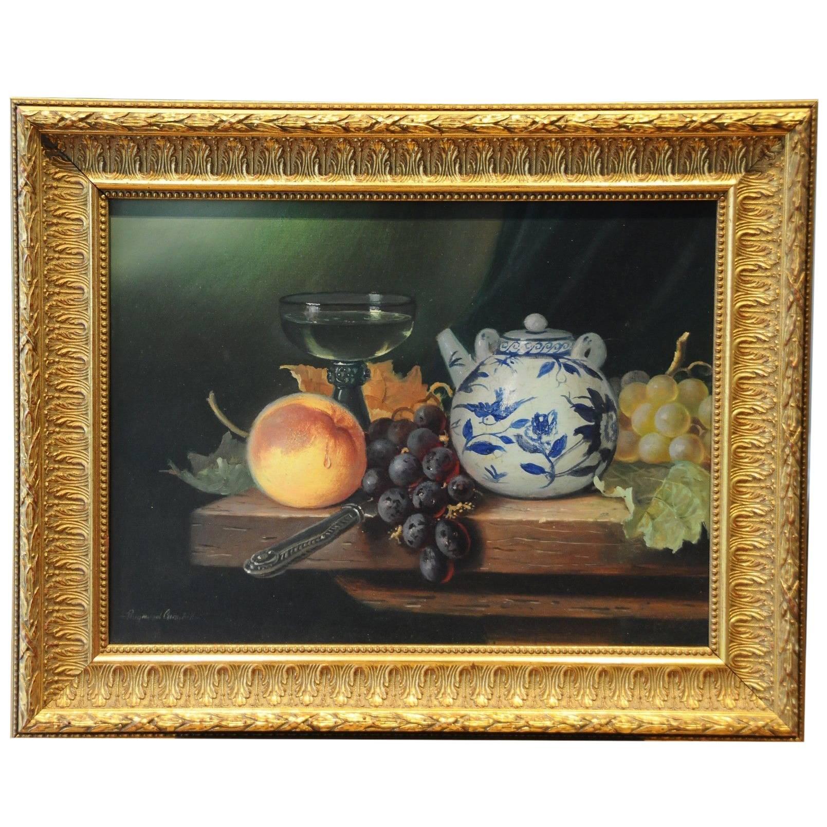 Raymond Campbell Still-Life Painting - Grapes Peach Teapot and Wine (a good breakfast)