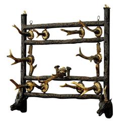 Black Forest Wooden Carved Coat Rack with Antler Carvings, circa 1900 3