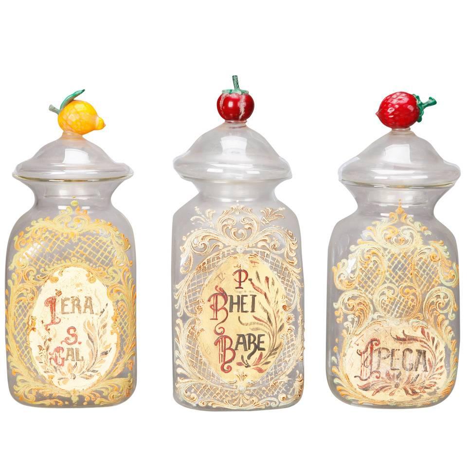 Venetian Glass Lidded Apothecary Jar with Glass Fruit Handle