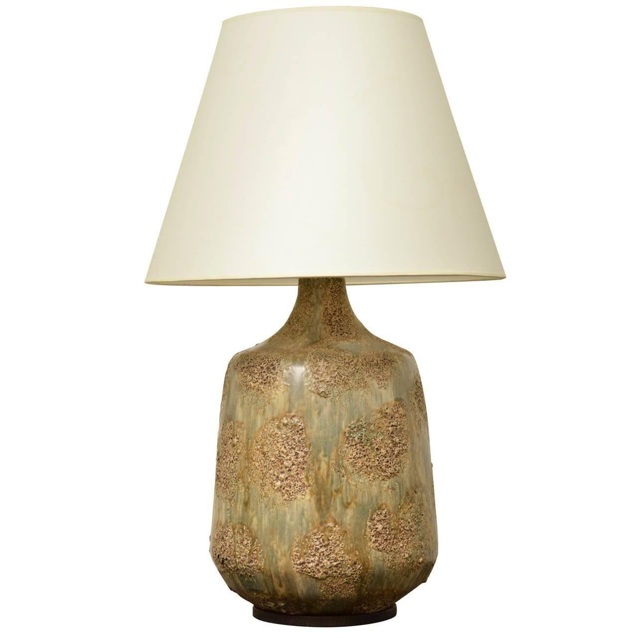 Large Midcentury Ceramic Lamp with Textured Brown and Green Glaze