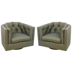 Pair of Milo Baughman style Tufted Barrel Back Swivel Chairs