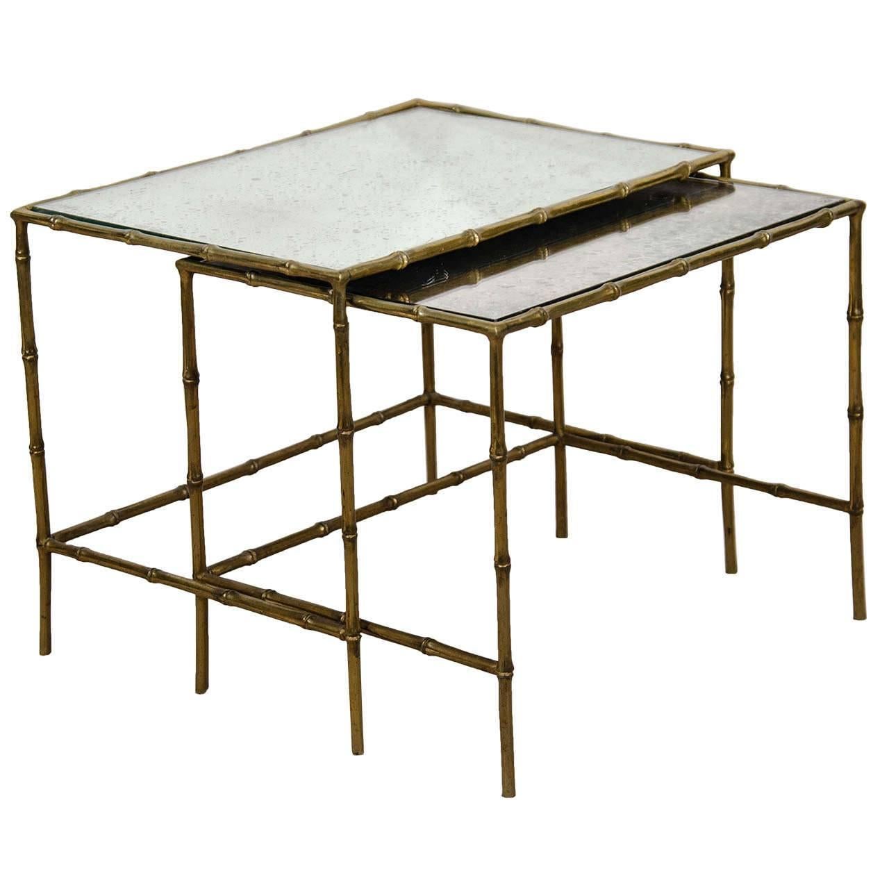 French Brass Bamboo and Glass Nesting, Side, or End Tables