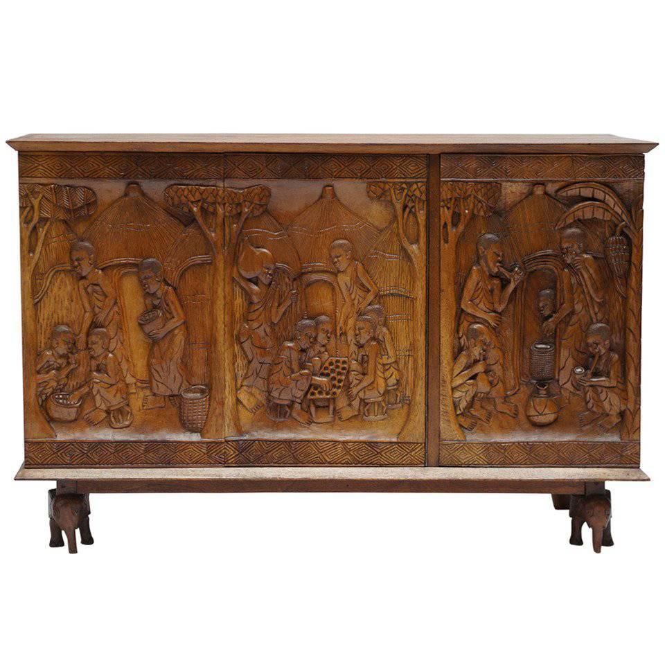 1950s Carved Wooden Cabinet from Congo For Sale