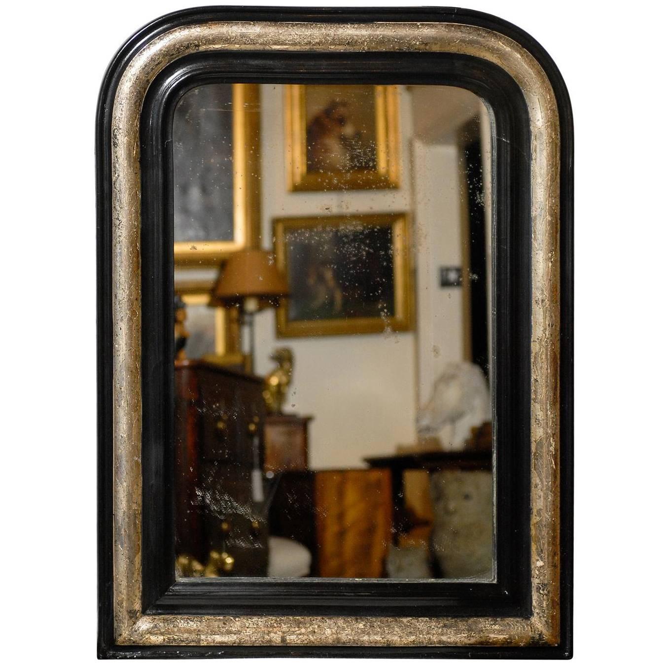 French 1900s Louis-Philippe Ebonized Wood and Silver Gilt Vertical Mirror