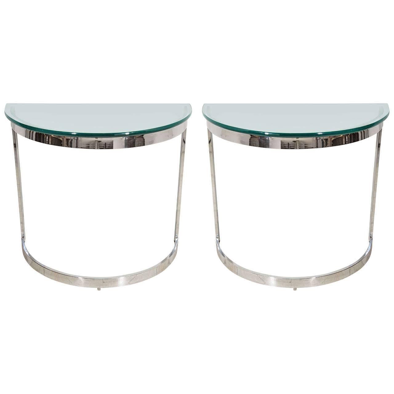 Pair of Mid-Century Modern Chrome and Glass Demilune Console Tables For Sale