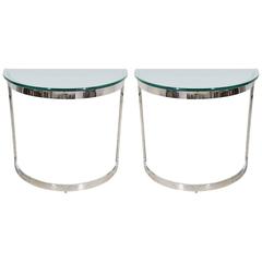 Pair of Mid-Century Modern Chrome and Glass Demilune Console Tables