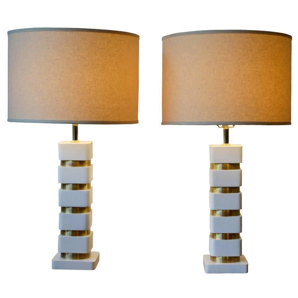 Pair of Art Deco Table Lamps with White and Brass Stacked Disks