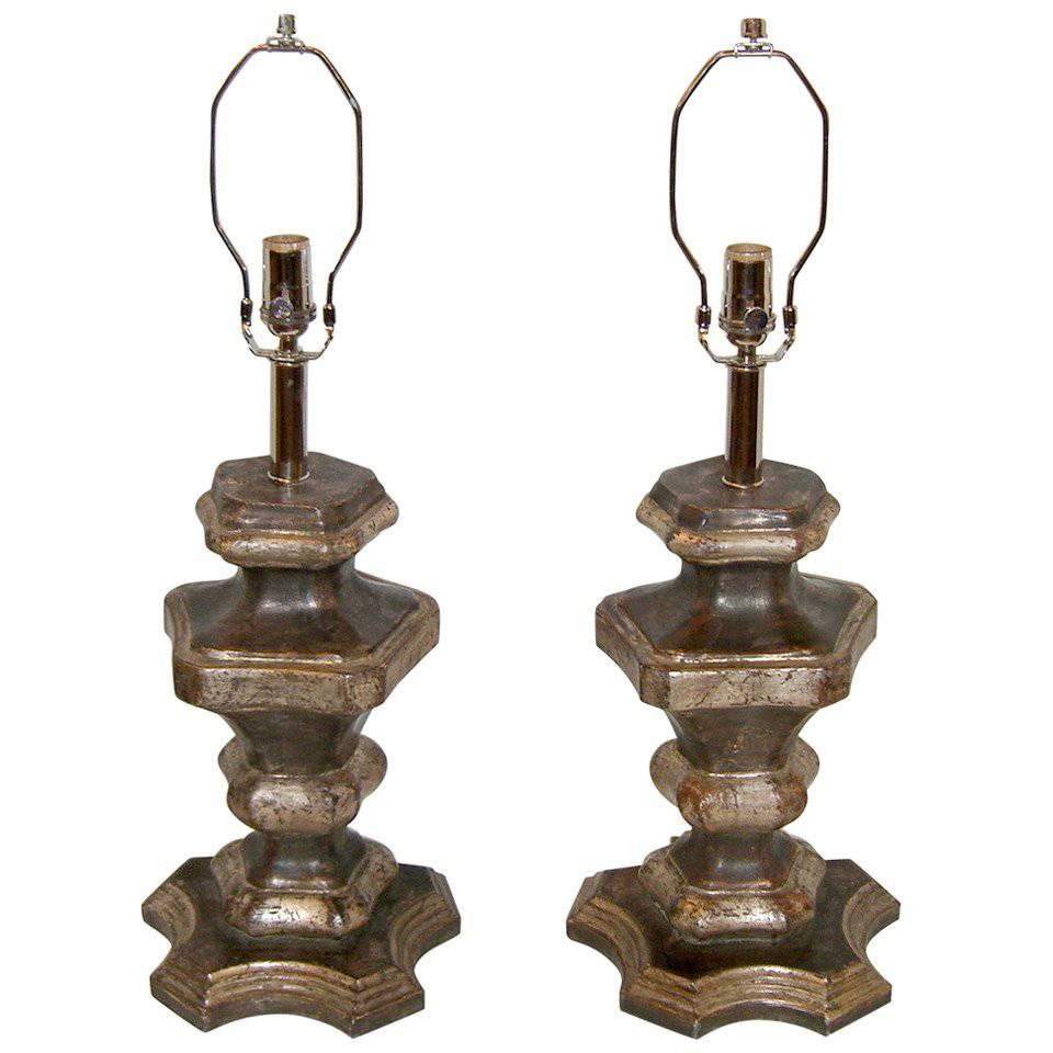 Pair of Italian Silvered Wood Candle Pedestals as Table Lamps For Sale