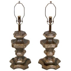 Pair of Italian Silvered Wood Candle Pedestals as Table Lamps