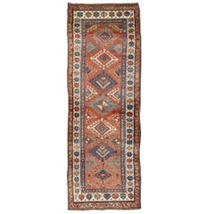 Antique Persian Serapi-Heriz Runner in Rust Background, Orange, Blue and Green