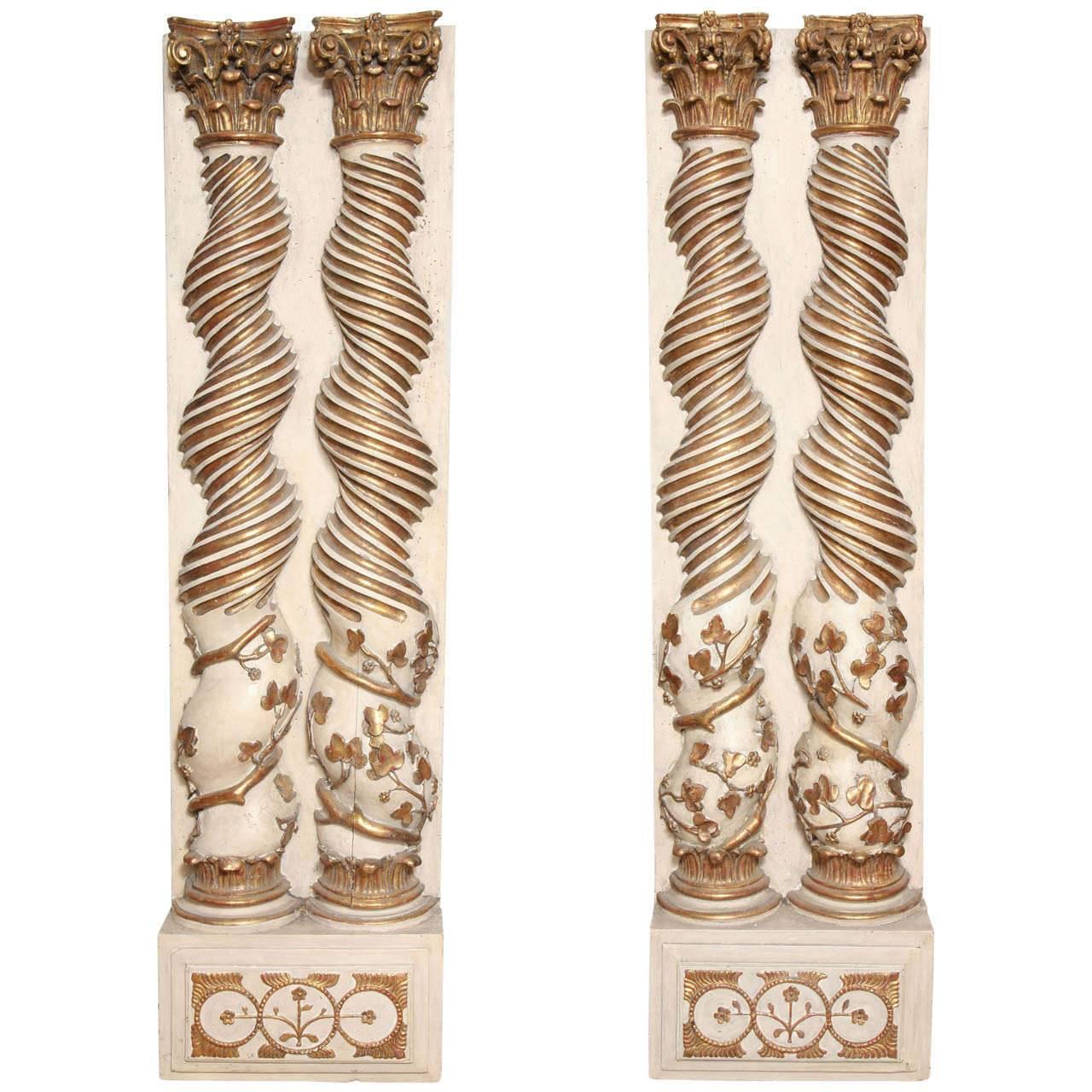 Pair of Hand-Carved Solominic Half Columns in the Manner of Bernini