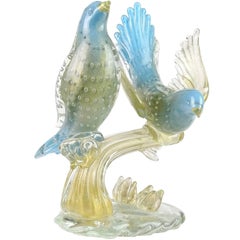 Murano 1950s Blue Gold Flecks Italian Art Glass Birds on Branch Sculpture